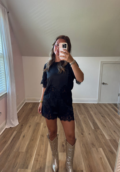 Midnight Satin Lace Set