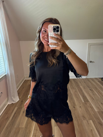 Midnight Satin Lace Set
